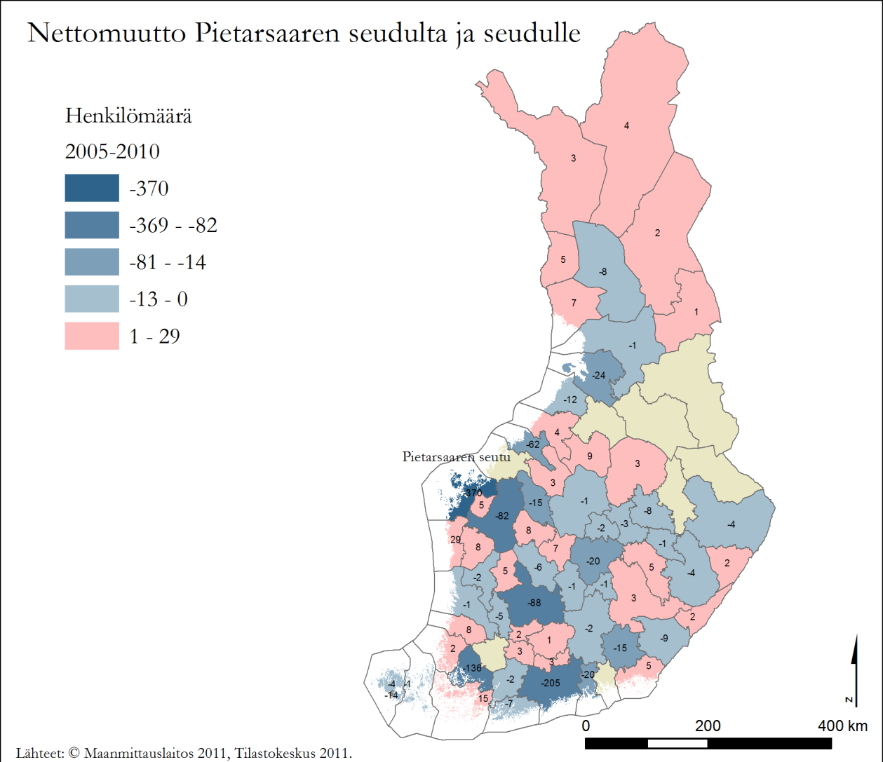 Kartta 4. Nettomuutto Pietarsaaren seudulle ja seudulta vuosina 2005-2010. Suomen sisällä tapahtuvissa muutoissa Pietarsaaren seutu menettää asukkaita muille alueille.