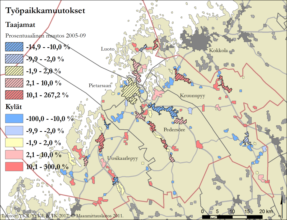 Kartta 6. Työpaikkamuutokset Pietarsaaren seudun taajamissa ja kylissä vuosina 2005-09. 3.