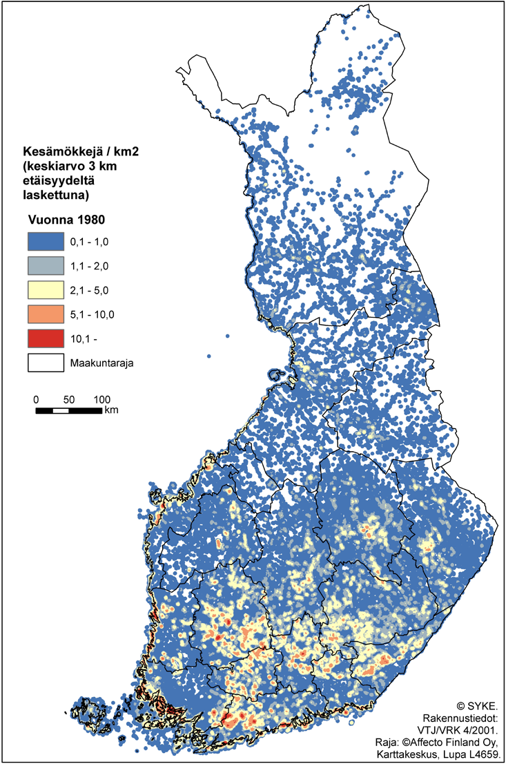 Kuva 4. Kesämökkien lukumäärä neliökilometriä kohti vuosina 1980 ja 2010.