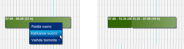 4.4.4.3 Työvuoropalkit Työvuoropalkin jakamiselle voisi lisätä kontekstivalikkoon toiminnon (Kuva 33).