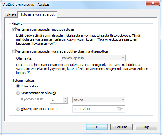 Lisäksi voit määritellä kuinka pitkältä ajalta haluat vielä muutoshistorian tai näytteenoton. Jos näytteenottoväli on tiheä (esim.