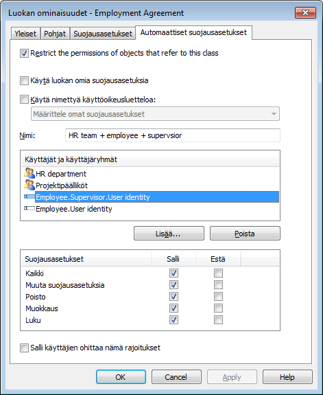 Voit määrittää automaattisia suojausasetuksia sekä hyödyntää pseudokäyttäjämäärityksiä esimerkiksi työsopimusluokalle, jolloin mm. työntekijän esimies saa automaattisesti tietyt oikeudet.