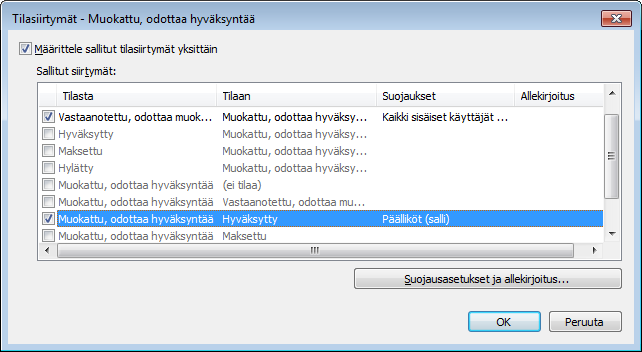 Valitse haluamasi tilasiirtymä ja paina "Suojausasetukset ja allekirjoitus" -painiketta. Valitse Sähköinen allekirjoitus -välilehti ja määrittele allekirjoitus. 1.