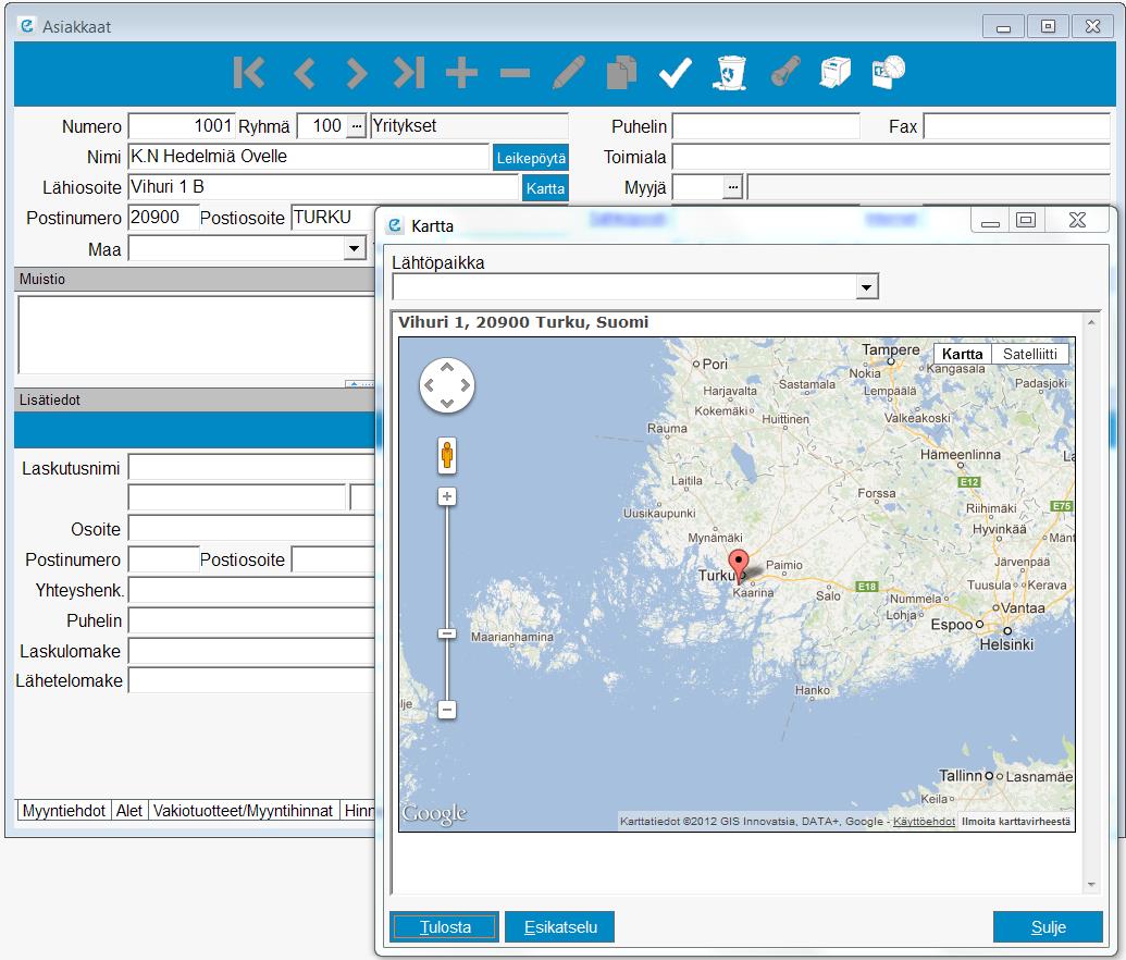 2.15 Karttatiedot asiakkaasta A Kartta painikkeella ohjelma avaa karttapalvelun ja näyttää osoitteen kartalla. Kartta vaatii toimiakseen nettiyhteyden.