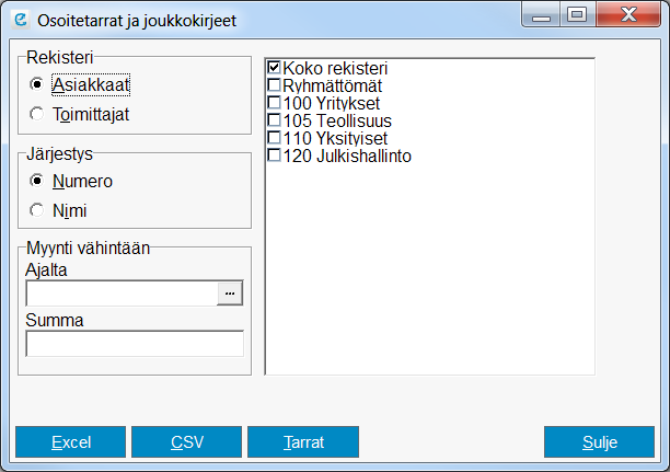 5.1 Osoitetarrat ja joukkokirjeet Ohjelma avaa ikkunan, josta voi tarkentaa muutamalla hakuehdolla tarkennetun asiakasrajauksen.