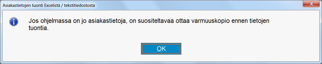 9.1 Asiakastietojen tuonti Asiakastietojen tuonti valinta pyytää aina ottamaan varmuuskopion ennen siirtoikkunaa. Se onkin suositeltavaa aina, jos Ecomissa on jo olemassa olevia asiakkaita sisällä.