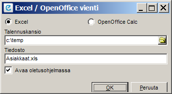 10.1 Asiakastiedot Exceliin Avautuvassa ikkunassa valitaan ensin se ohjelmapohja, mihin se halutaan avata. Vaihtoehtoja ovat Excel ja Openoffice Calc, joista pitää valita.