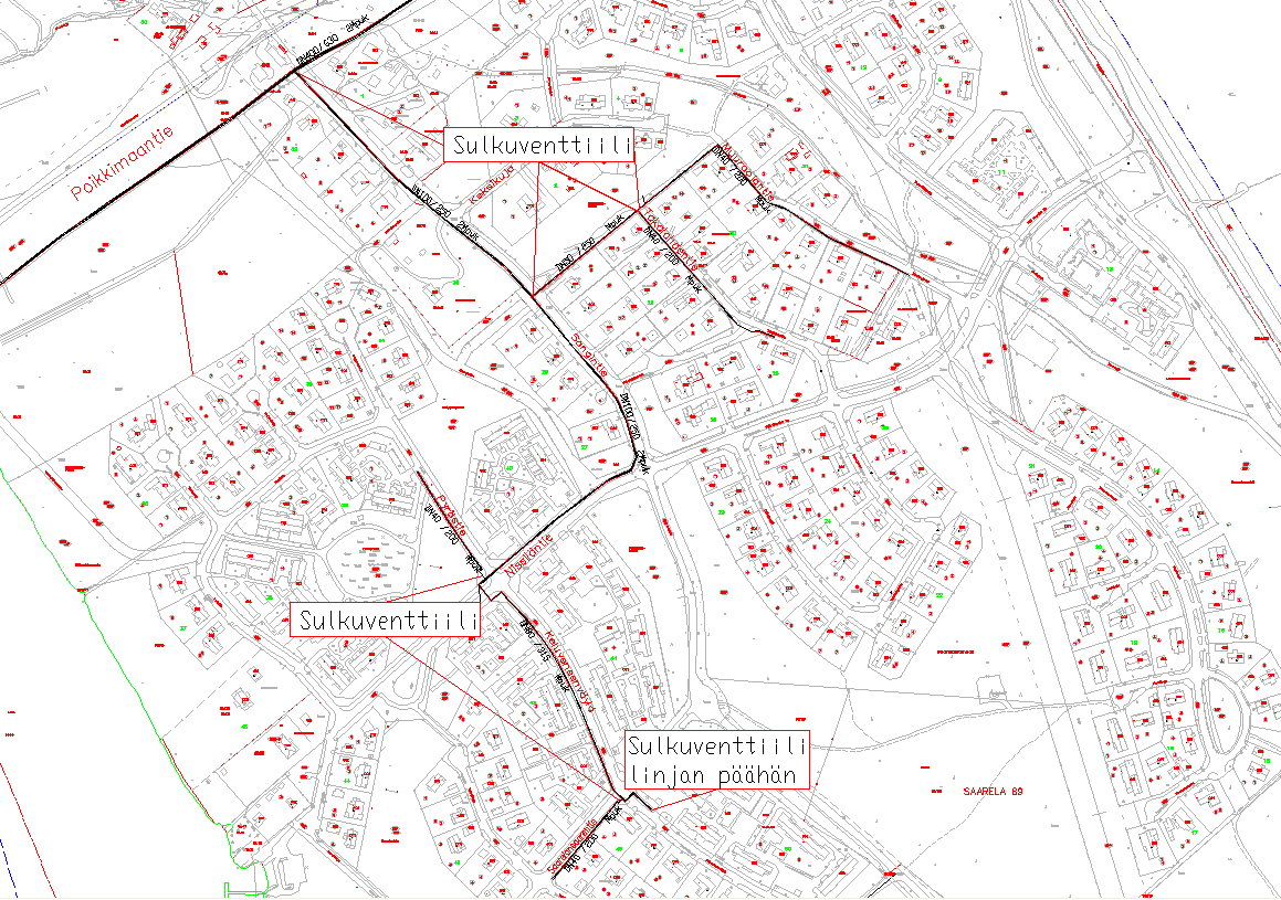 KUVA 12. Saarelaan rakennettava kaukolämpöverkosto putkikokoineen ja sulkuventtiileineen 4.