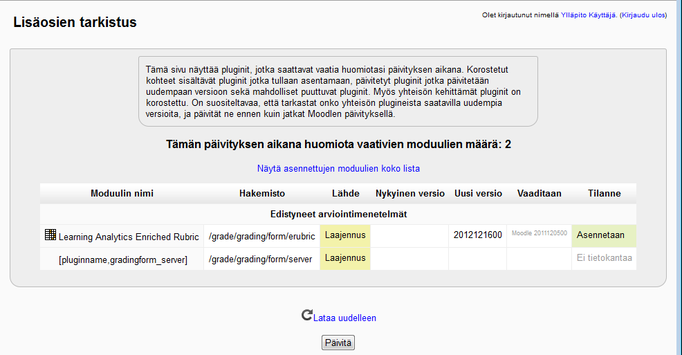 Kuva 9. Sijainti, johon LA e-rubric kansio kopioidaan. Kun LA e-rubric -kansio on kopioitu oikeaan paikkaan, Moodleen kirjaudutaan ylläpitäjän käyttäjätunnuksella.