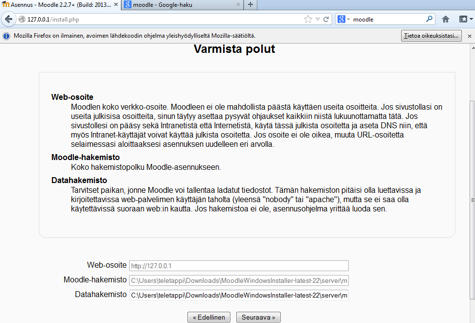 Liite 1b. Moodlen uudelleenkäynnistymisen jälkeen mennään osoitteeseen http://127.0.