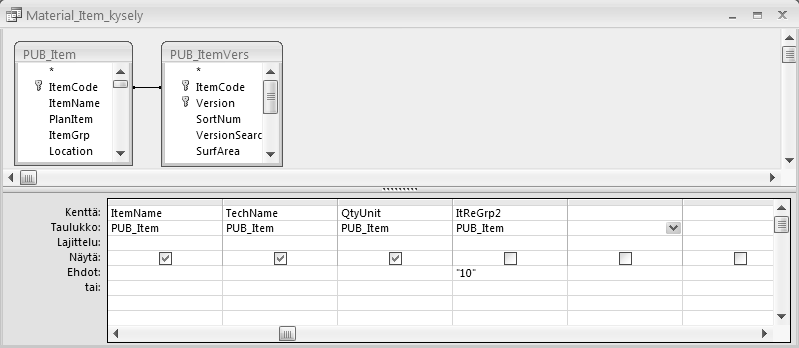 51 Kuva 23. Materiaalinimikkeiden rajaaminen Access-tietokannassa. SolidWorksin CustomToolsissa määritettiin käytettävä tietokanta sekä CustomToolsin hakutoiminnoissa käytettävät taulukot.