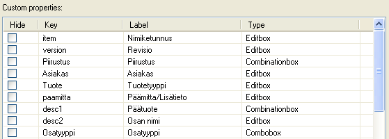 58 Kuva 33. Valikon tietokenttiä vastaavat tunnukset. Lisäosan asetuksissa on jokaista ERP-jäjestelmään siirrettävää nimiketietoa varten oma rivi.