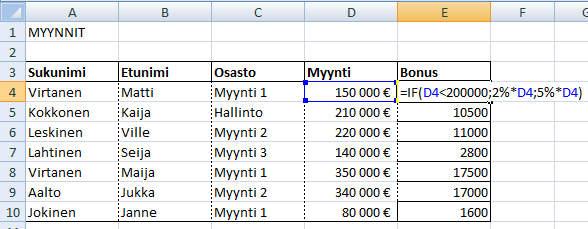 Excel 2013 Funktiot 2 IF-funktio (JOS) IF(Jos) -funktiolla on kolme argumenttia: ensimmäinen on ehto, allaolevassa esimerkissä: D4<200000 jos ehto täyttyy eli on tosi, lasketaan toisen argumentin