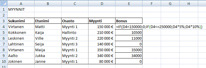 Excel 2013 Funktiot 3 4. Täytä testi- ja ehtokentät. Esimerkissä on kirjoitettu vakiot ja soluviittaukset osoitettu taulukosta.