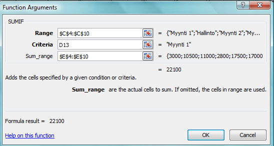 Excel 2013 Funktiot 6 SUMIF-funktio (SUMMA.JOS) SUMIF (SUMMA.JOS) ja COUNTIF (LASKE.JOS) -funktioilla voi laskea summan tai lukumäärän annetun ehdon mukaan. Esim.