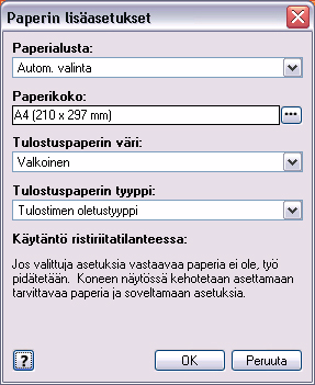 Paperi/tulostus Paperi Tässä kohdassa näkyvät tulostustyössä käytettävän paperin tiedot, esimerkiksi paperin koko ja tyyppi.