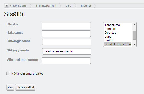 Sisällöt-näkymä Täällä pääset päivittämään kaikkia Seutudokumentteja. Seutudokumentilla tarkoitetaan 1. seudun esittelytekstiä 2. seudun nostojuttuja 3.
