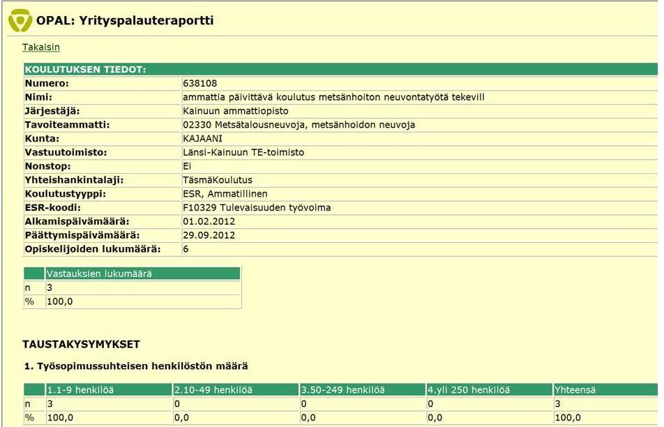 26 Yrityspalautteen raportin haku Annettuja yrityspalautteita haetaan samalla hakusivulla jolla palaute aktivoitiin: Kun yrityspalaute on