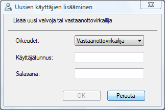 4 Järjestelmänvalvojatila Uuden käyttäjän rekisteröiminen 1. Napsauta kirjautumisasetusvalintaikkunassa [Lisää...]-painiketta. 2. Kirjoita lisättävän käyttäjän tiedot.