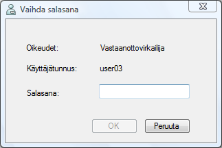 4 Järjestelmänvalvojatila Salasanan vaihtaminen 1. Valitse kirjautumisasetusvalintaikkunasta käyttäjä, jonka salasanan haluat vaihtaa. 2.