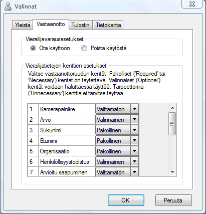 Järjestelmänvalvojatila 4 Vierailijatietolomakkeen asetukset ("Vastaanotto"-välilehti) Tämä asetus määrää, mitkä kentät esiintyvät vierailijatietolomakkeessa sekä onko tiedot mahdollista syöttää.