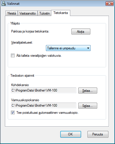 4 Järjestelmänvalvojatila Tietokanta- ja varmuuskopiointiasetukset ("Tietokanta"-välilehti) Tässä voidaan määrittää tietokannan sijainti sekä kauanko tiedot säilytetään tietokannassa ja kuinka usein