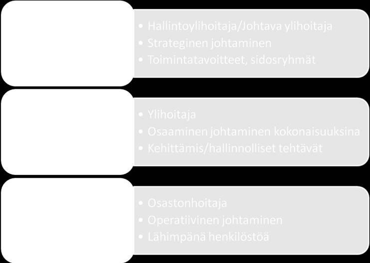 2.1.2 Hoitotyön ylin johto Hoitotyön ylimmästä strategisesta johtamisesta vastaa hallintoylihoitaja tai johtava ylihoitaja, jonka tehtävänä on huolehtia organisaation tehtävän ja toiminnan