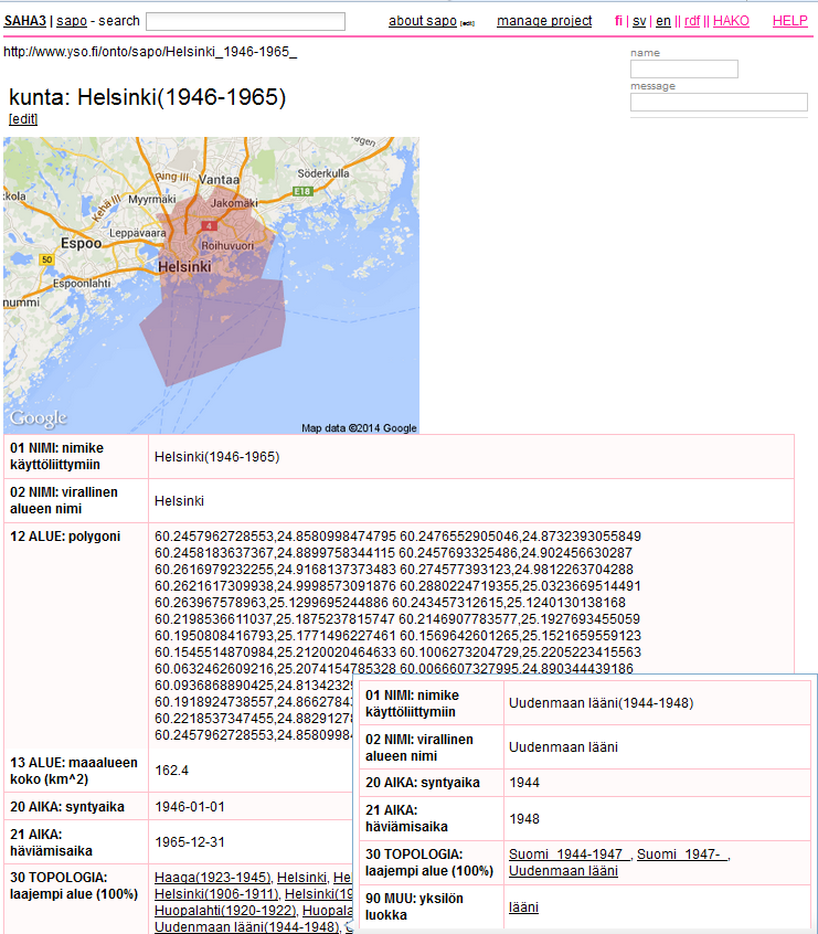 Historical Place Ontology of Finland (counties, municipalities) http://www.seco.tkk.fi/ontologies/sapo/ http://demo.seco.tkk.fi/saha/sapo/resource.shtml?