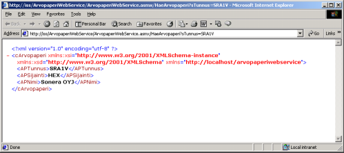 Kuva 12. Web metodin palauttama XML -viesti Asmx sivun kautta on mahdollista nähdä myös Web Servicen kuvaus SOAP / XML muodossa.