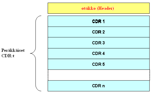 Kuva 3.9: CDR-tiedosto. Muiden siirtoprotokollien kuin FTP käyttö on valinnaista. FTP:n käyttöä on tuettava aina. CDR-tiedostot voidaan siirtää joko push- tai pull-moodissa Bx-rajapinnalla.