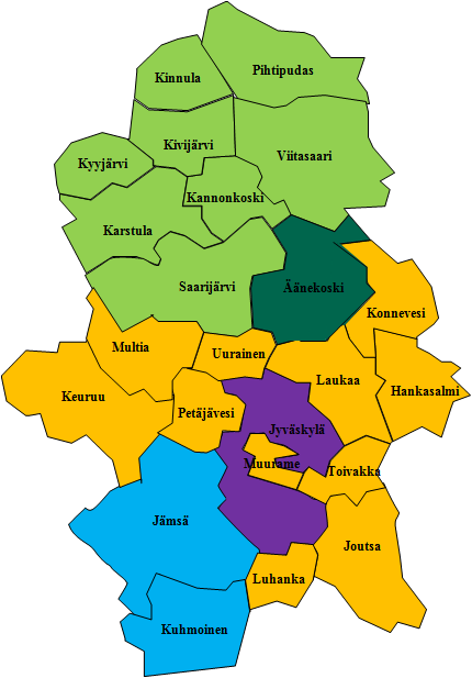 Jyväskylä ja Äänekoski hoitavat itse sosiaali- ja terveyspalvelujen järjestämistehtävät Jämsän hoitaa omien ja Kuhmoisten sosiaali- ja terveydenhuollon palvelujen järjestämistehtävät Pohjoiseen