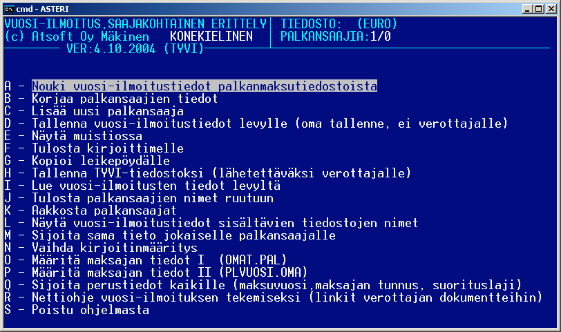 Vuosi-ilmoituksen saajakohtainen erittely Saajakohtainen erittely tehdään Vuosi-ilmoituksen saajakohtainen erittely ohjelmalla (plvuosi.exe), johon on valinta palkanmaksun lisäohjelmia valikossa.