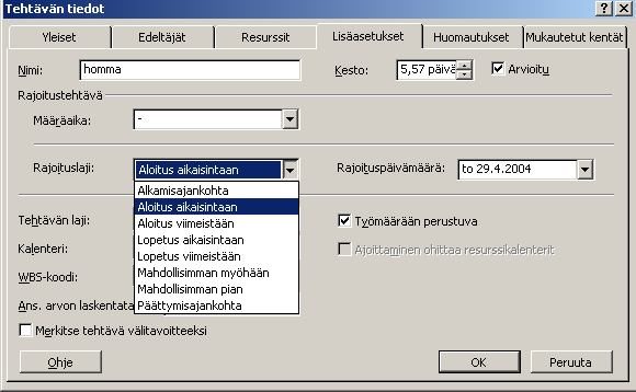 MSProject 2002 18/32 2.7. Tehtävien aikataulun viimeistely 2.7.1. Tehtävien jakaminen osiin Tehtävät jaetaan yleensä osiin tekemällä alitehtäviä, mutta toisinaan tehtävä halutaan paloitella (Split).