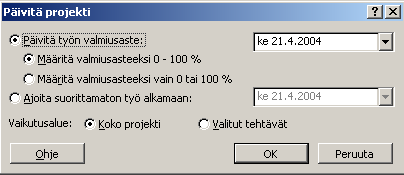 MSProject 2002 21/32 3. Toteutusvaihe 3.1. Etenemisen kirjaaminen Tehtävän etenemine kirjataan valmiusasteena tai todellisena työaikakestona.