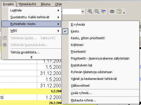 MSProject 2002 26/32 (Variance) taulukossa verrataan tehtävien aloitus- ja lopettamispäivämääriä. Työ (Work)- taulukosta nähdään työmäärän varianssi.