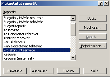 MSProject 2002 28/32 Raporttiluokan jälkeen valitaan siihen liittyvä raportti muutamista eri vaihtoehdoista. 3.4.3. Mukautetut raportit Jos valitset raporttiluokaksi Mukautettu (Custom Reports) voit muokata olemassa olevia raportteja tai luoda kokonaan uusia.