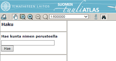 Hae tuulivoimalan kohdepaikkakunta tai mäki nimen perusteella kirjoittamalla nimi hakukenttään ja paina HAE painiketta. Sovellus ilmoittaa löydetyt paikat hakukohdan alapuolella.