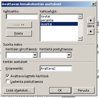 Työkalu > Lomakkeet Lomakkeet-työkalun tekstikenttä (ab) voi käyttää sanan täydentämistä varten. Tekstiin jätetään aukkoja ja tiedosto lukitaan, jonka jälkeen vain tekstikenttiin pystyy kirjoittamaan.