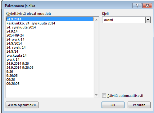 23 (32) 9.9 Päiväys Päiväyksen voi laittaa ylä- ja alatunnisteeseen. Kun jompikumpi tunniste on valittuna, ylös oikealle tulee Ylä- ja alatunnistetyökalut -välilehti.