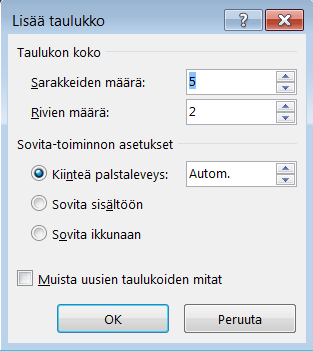 26 (32) 11 Taulukko toiminnot 11.1 Taulukon luominen Mene Lisää-välilehteen Taulukot-ryhmään ja paina Taulukkopainiketta.