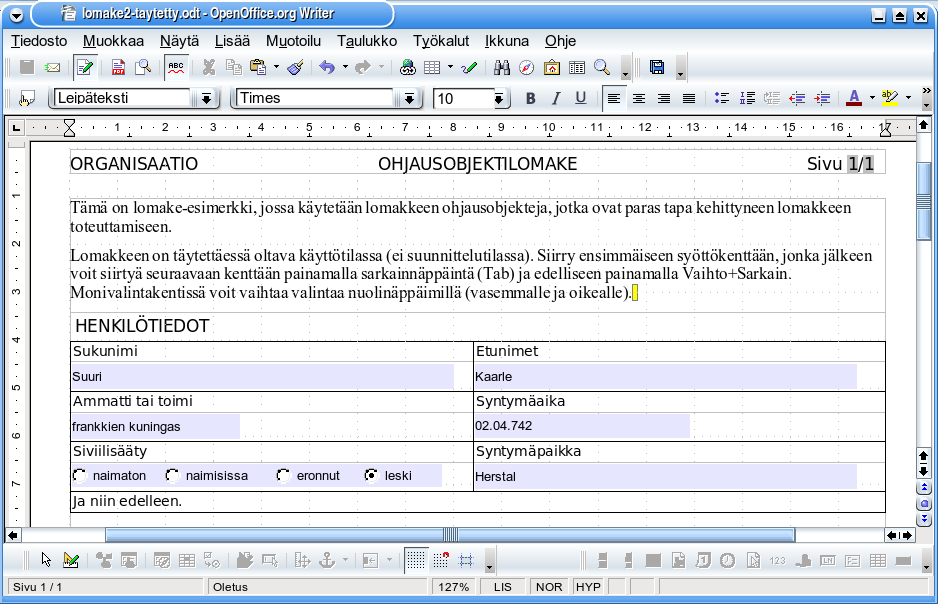 - 44 - Lomakeraportti Generoitu täytetyn lomakkeen sisältävästä OASIS OpenDocument -tekstiasiakirjasta.