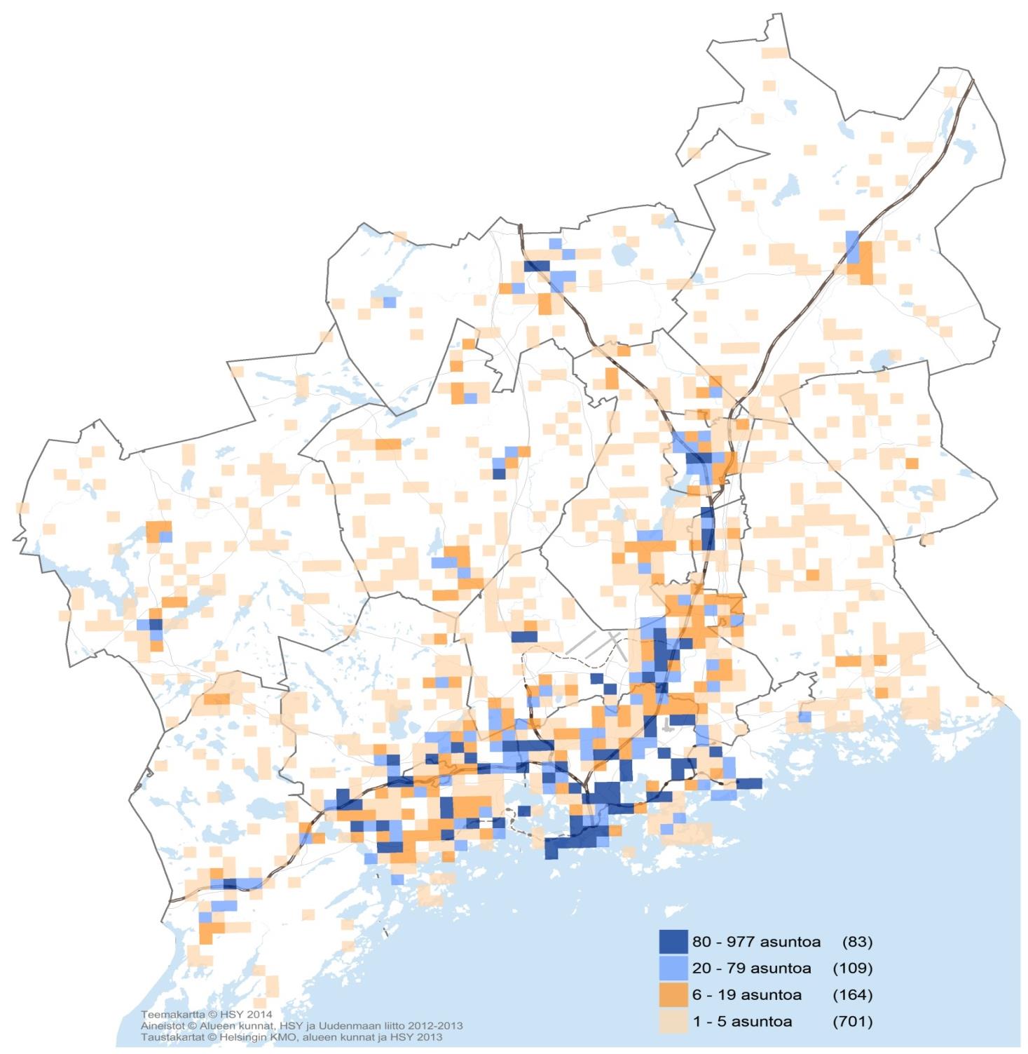 (ruutujen lkm) Maankäytön, asumisen ja liikenteen yhteensovittaminen Vuonna 2012-2013 valmistuneista asunnoista puolet (11 383 asuntoa) sijoittui