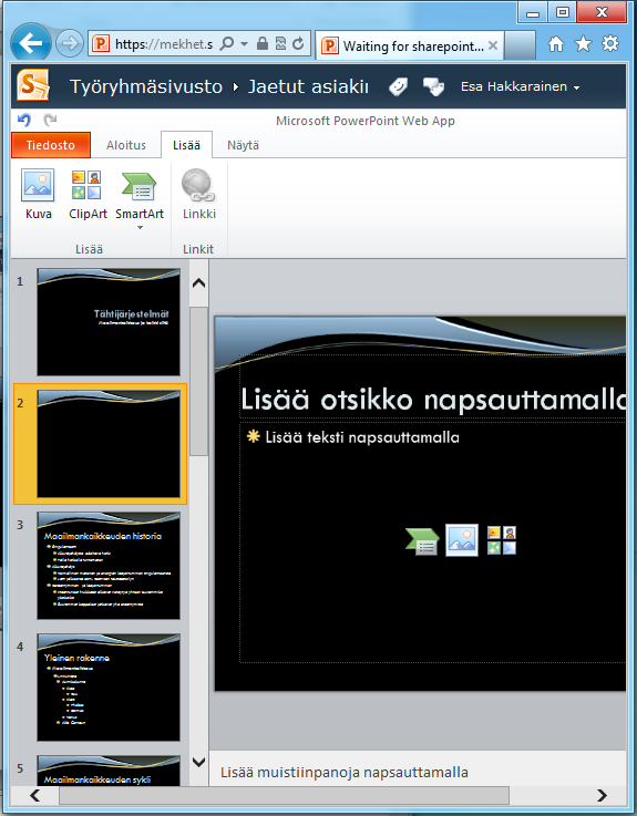 Dian täydennys grafiikalla Lisätäksesi diaan kuva, napsauta yhtä grafiikan vaihtoehdoista dian sisällä Voit myös
