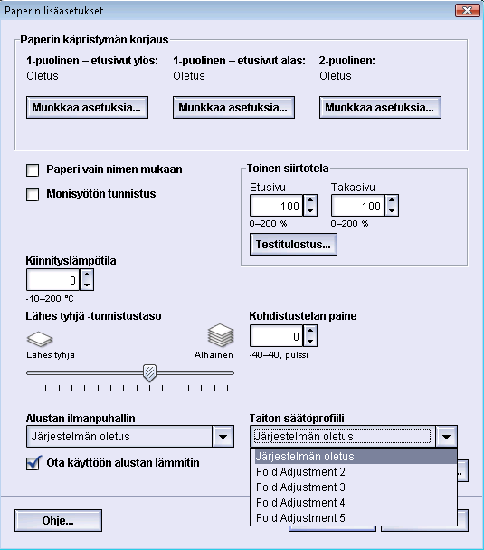 Paperin lisäasetukset Taiton säätöprofiili Paperin lisäasetuksissa voidaan valita myös haluttu taiton säätöprofiili. HUOM. Tämä on käytettävissä vain, jos koneeseen on liitetty vihko-viimeistelylaite.