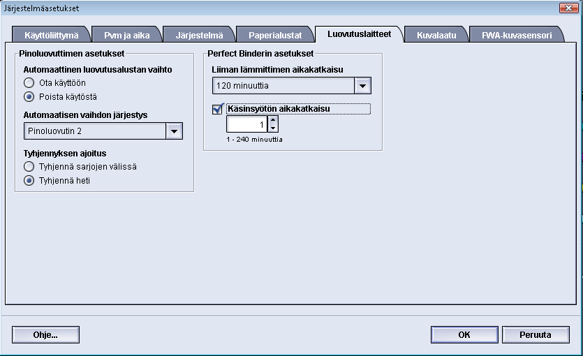 Järjestelmäasetukset Luovutuslaitteet Tämä välilehti on käytettävissä vain kun koneeseen on liitetty tiettyjä viimeistelylaitteita, kuten pinoluovutin tai Perfect Binder.