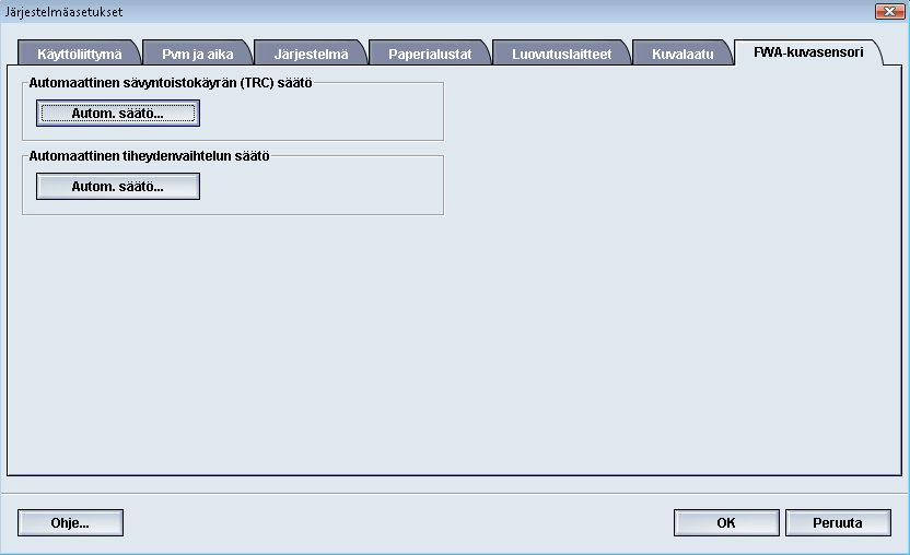 Järjestelmäasetukset FWA-kuvasensori FWA-kuvasensori käyttää xerografisia parametrejä ja diagnostiikkaa valmiin kuvan tarkistamiseen ja korjaa kohdistus-, tiheys- ja värivirheet.