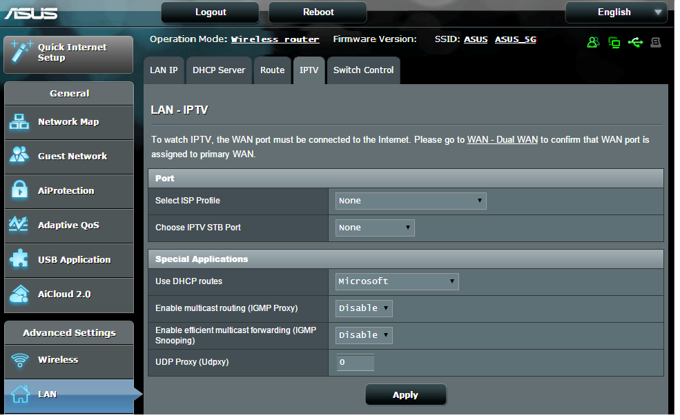 4.2.4 IPTV Langaton reititin tukee yhteyttä IPTV-palveluihin ISP- tai LANyhteydellä.