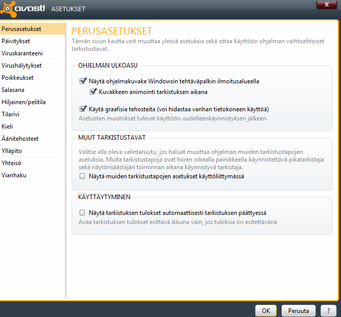 31 Avast! Asetukset-valikko Kuva 7. Avast! asetukset-valikko Asetuksien kautta voit muuttaa ohjelman eri asetuksia. Seuraavien asioiden asetuksia voi muuttaa: Perusasetukset.