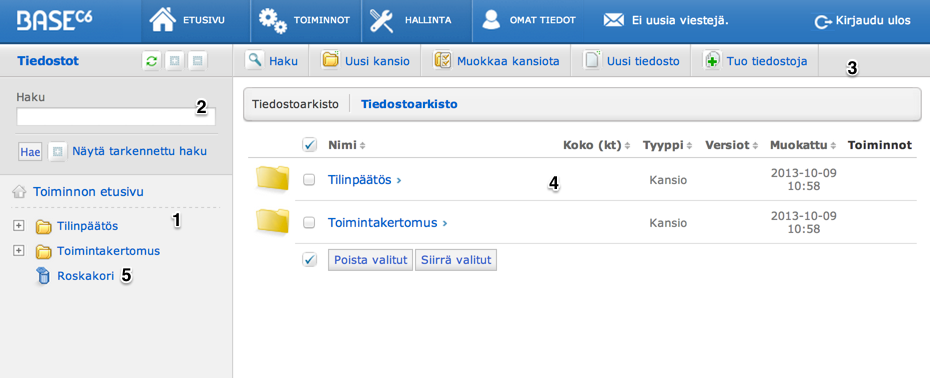 Tiedostoarkisto Päänäkymä 1. Tiedostoarkiston kansiovalikko + symboli kertoo, että kansio sisältää alakansioita. Valitun kansion teksti näkyy tummennettuna.