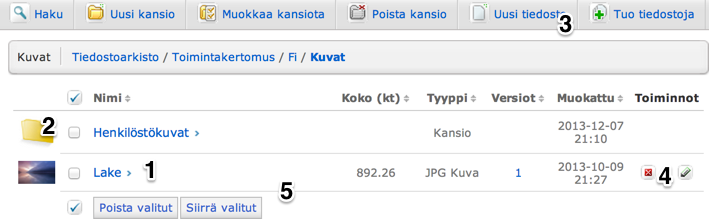 Kansion sisältönäkymä 1. Tiedoston nimi, joka toimii samalla linkkinä tiedostoon.
